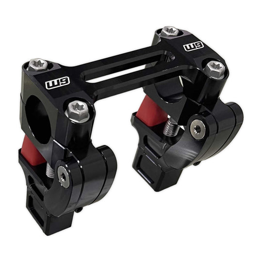 Warp 9 Ultra Bee Flex Bar Mount V2 in black anodized aluminum with red rubber dampers and W9 logos on the clamps