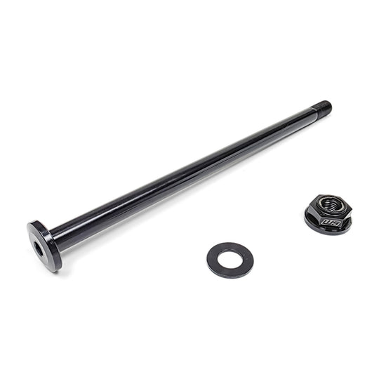 Warp 9 E-Ride 10mm swingarm bolt in black oxide steel with its washer and flange nut