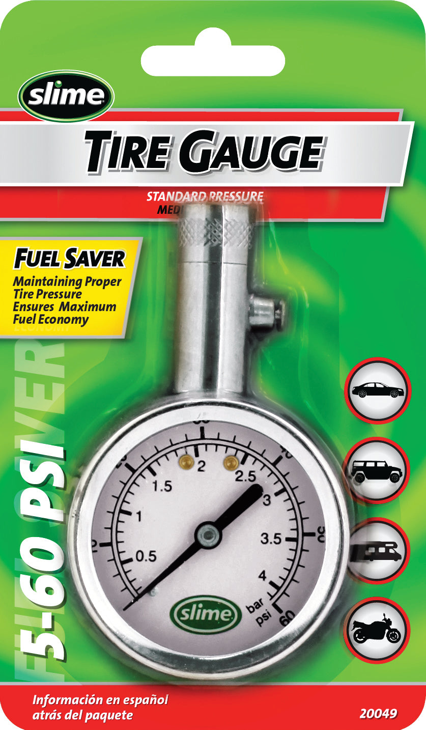 Slime 5-60 psi chrome dial tire gauge with bleed valve, part 20049