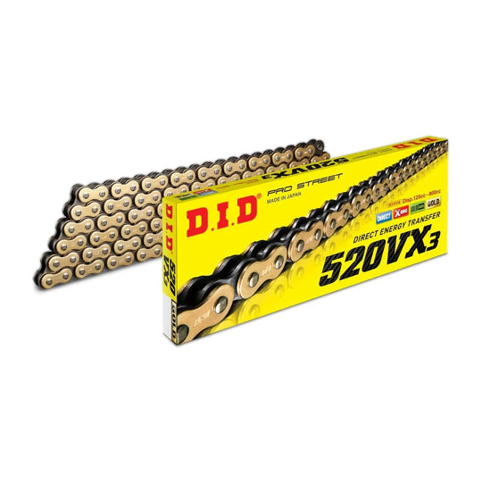 DID 520VX3 X-ring chain in gold with its yellow box