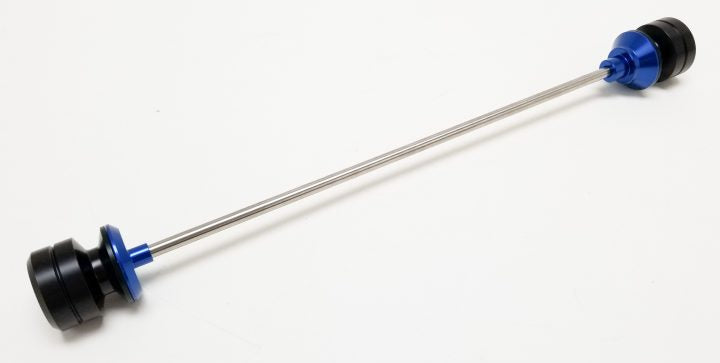 Warp 9 front axle slider set: black UHMW spools with a blue anodized nut and backing plate on a stainless rod