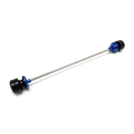 Warp 9 front axle slider set: black UHMW spools with a blue anodized nut and backing plate on a stainless rod