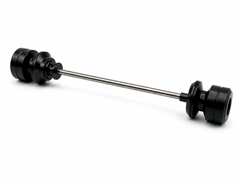 Warp 9 front axle slider set: black UHMW spools with track stand grooves on a stainless steel rod