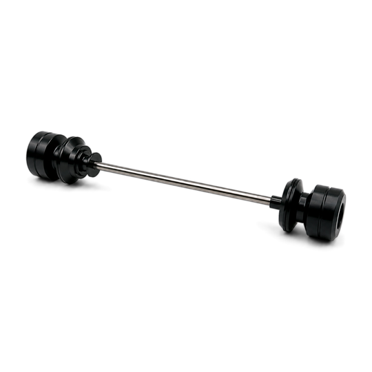 Warp 9 front axle slider set: black UHMW spools with track stand grooves on a stainless steel rod