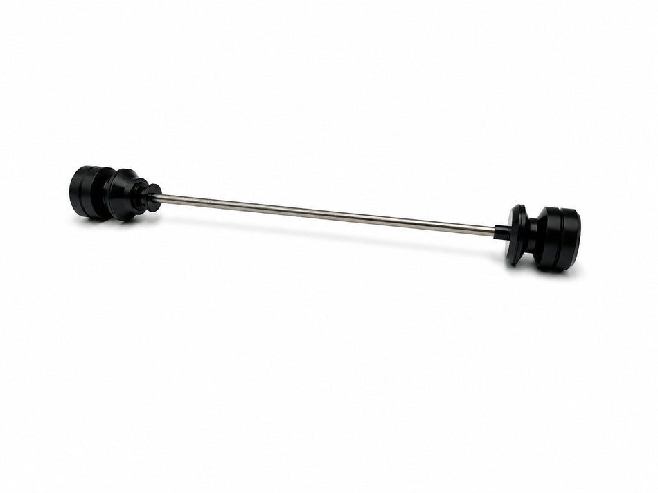 Warp 9 front axle slider set: two black UHMW spools on a stainless steel through-rod