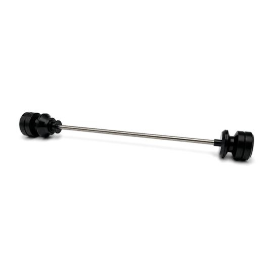 Warp 9 front axle slider set: two black UHMW spools on a stainless steel through-rod