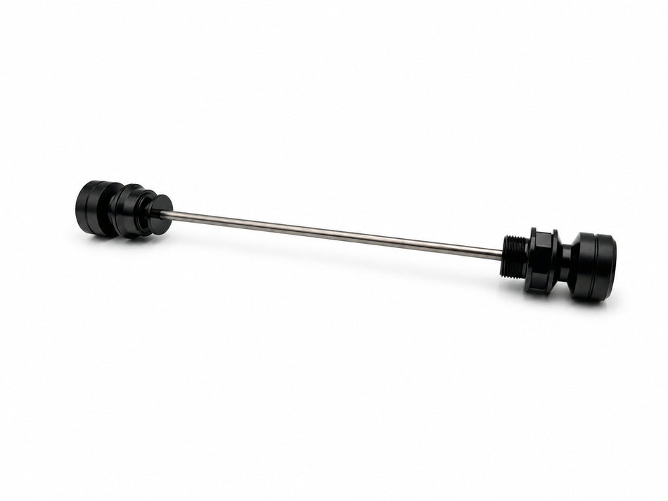Warp 9 front axle slider set: black grooved UHMW spools and an aluminum nut on a stainless steel rod