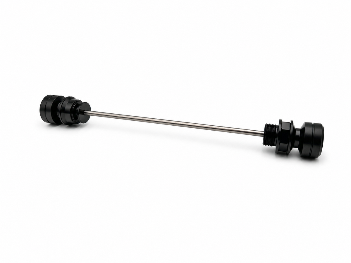 Warp 9 front axle slider set: black grooved UHMW spools and an aluminum nut on a stainless steel rod