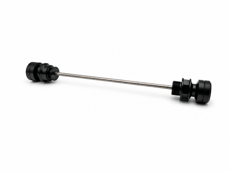 Warp 9 front axle slider set: black grooved UHMW spools and an aluminum nut on a stainless steel rod