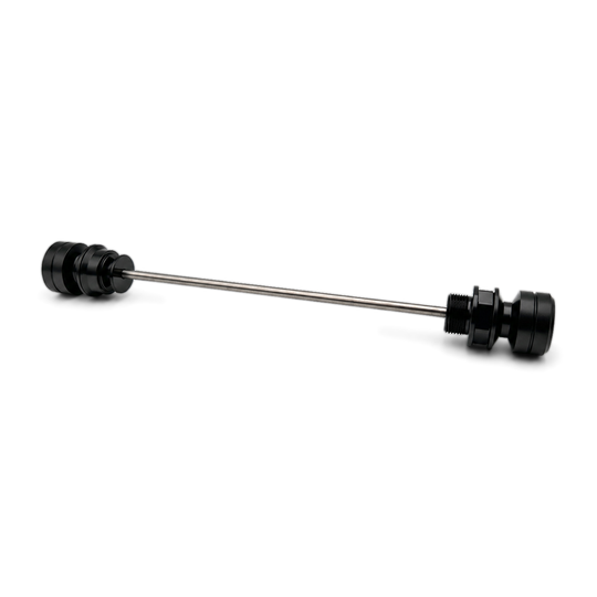 Warp 9 front axle slider set: black grooved UHMW spools and an aluminum nut on a stainless steel rod