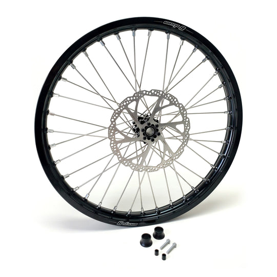 Warp 9 21-inch front wheel with a black rim and hub, silver spokes, 220mm rotor and spacers