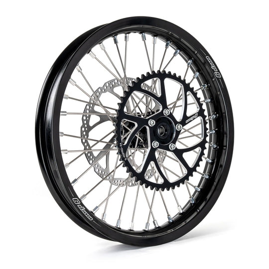 Warp 9 Talaria 16-inch rear wheel with a black rim and hub, silver spokes, rotor and black sprocket