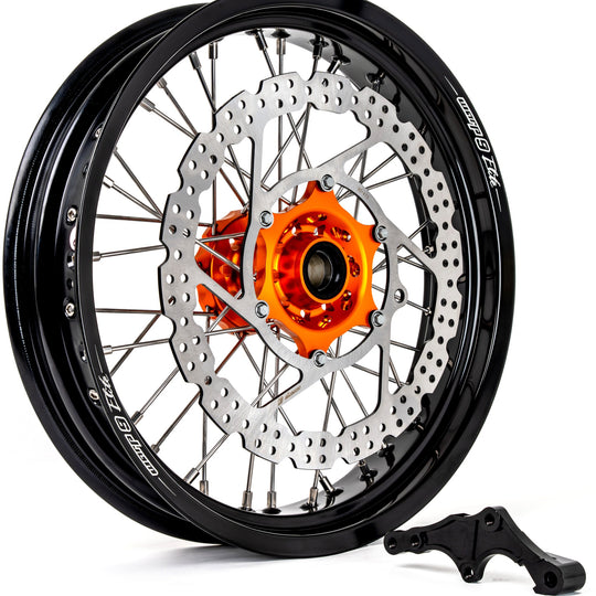 Warp 9 17-inch front supermoto wheel with an orange hub, black rim and silver spokes, 320mm rotor and caliper bracket