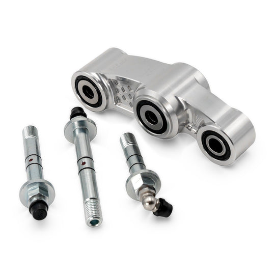 Warp 9 Ultra Bee rear linkage in silver anodized aluminum with sealed bearings and three grease-zerk pivot bolts