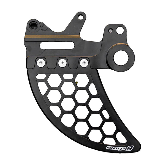 Warp 9 Ultra Bee rear disc guard in black aluminum with a honeycomb fin, on concrete