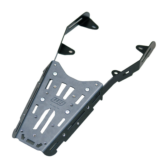 Warp 9 Ultra Bee rear rack in black hammercoat with steel side arms and a slotted aluminum top plate