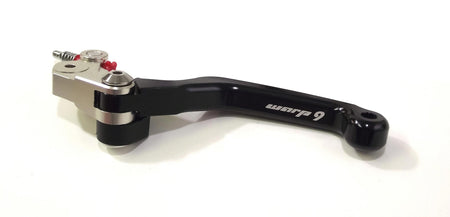 Warp 9 Flex lever in black with a folding hinge, silver perch interface and laser-etched Warp 9 logo