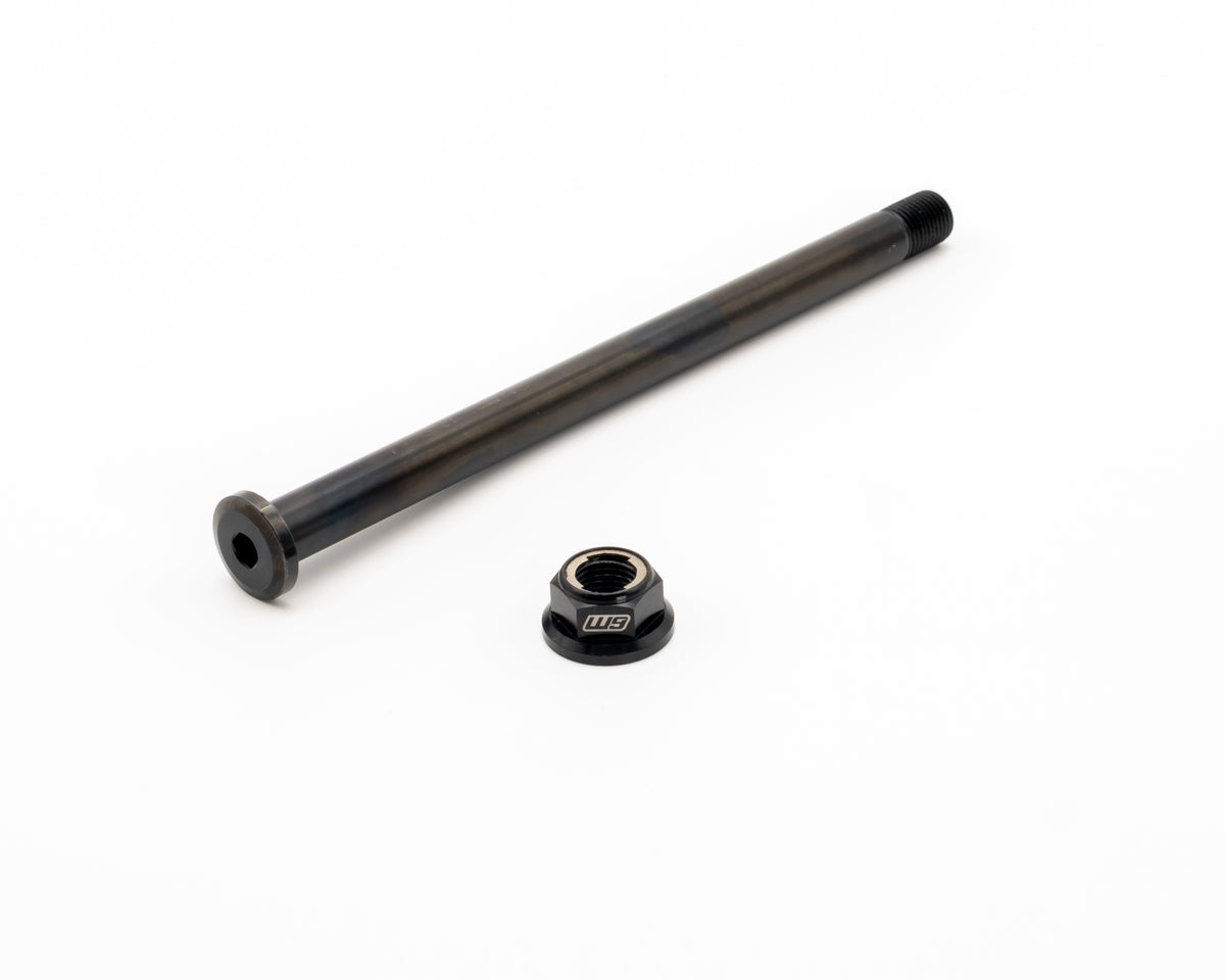 Warp 9 E-Ride Pro 12mm rear axle in black oxide steel with its W9 lock nut