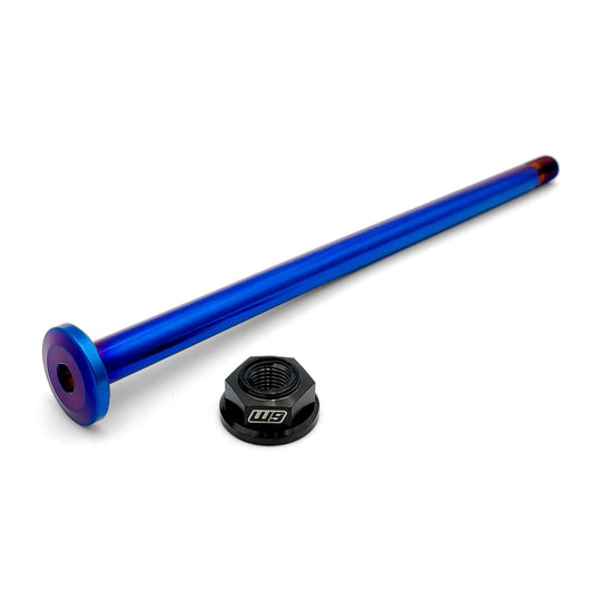 Warp 9 burnt blue titanium E-Ride Pro swingarm bolt with a black titanium lock nut