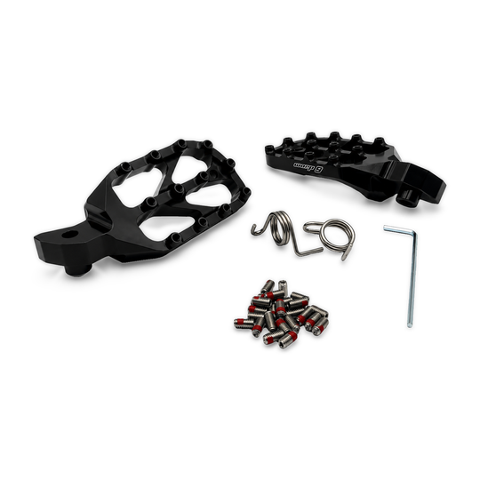 Warp 9 Kawasaki KLR650 Elite foot pegs in black with springs, traction screws and hex key
