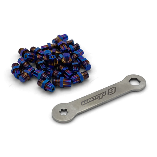 Burnt blue and gold titanium traction screws for Warp 9 Elite foot pegs with the double-ended Torx wrench