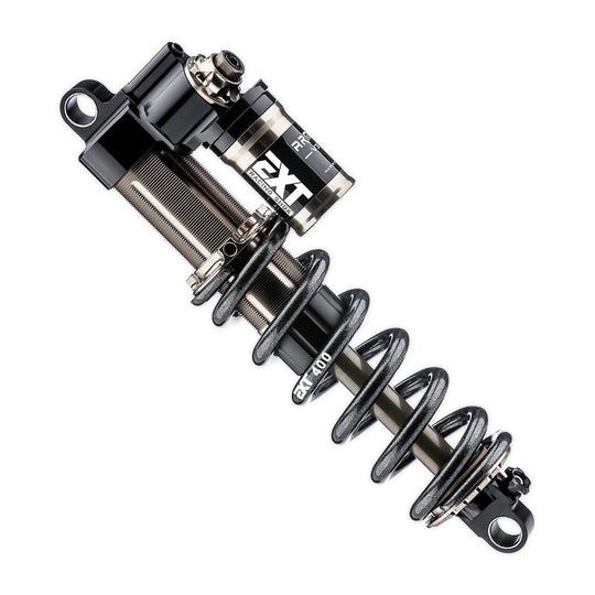 EXT Arma E-MX e-moto rear shock with a black coil spring and piggyback reservoir