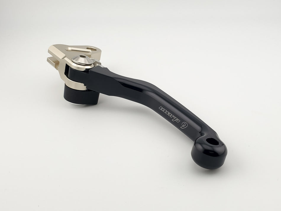 Warp 9 Flex folding clutch lever in black with a silver perch mount, for Kawasaki, Suzuki and Yamaha