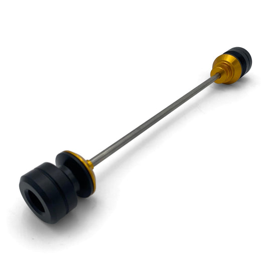 Warp 9 Ultra Bee front axle slider: two black spools with gold anodized cups on a steel through-rod