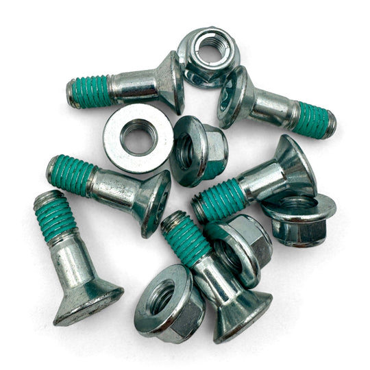 Zinc-plated M8 countersunk sprocket bolts with green thread locker, nuts and spacers for Warp 9 cush drive hubs