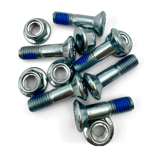 Zinc-plated M8 countersunk sprocket bolts with blue thread locker and matching M8 flange nuts