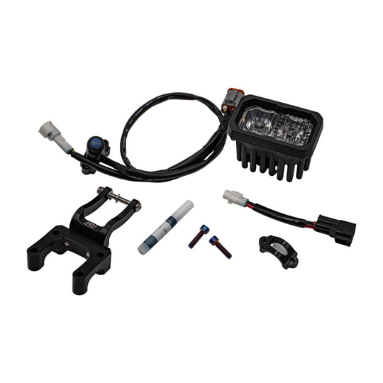 Warp 9 V2 headlight kit: LED light, black W9 mounting bracket, wiring harness and handlebar switch