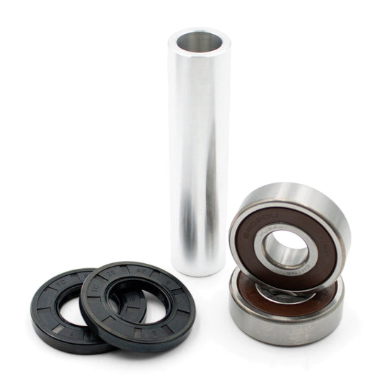 Warp 9 Honda CRF250L and CRF300L rear wheel bearing kit: two 6303 bearings, two seals and an aluminum distance tube
