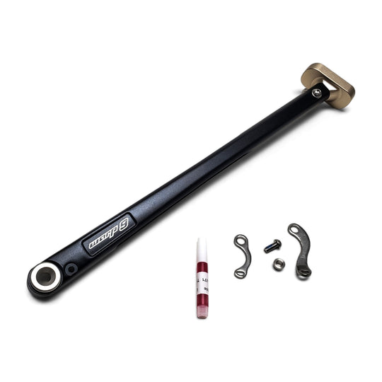 Warp 9 adjustable kickstand for KTM enduro bikes in black with an aluminum foot, mounting hardware and thread locker