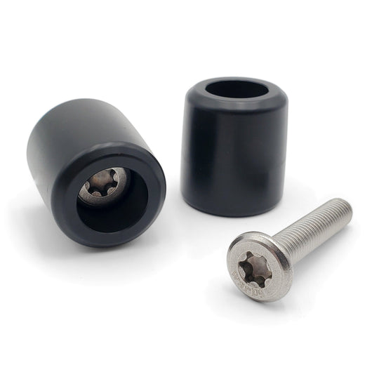 Warp 9 bar end sliders, two black Delrin pucks with a stainless Torx bolt