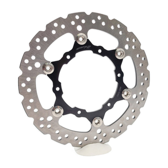 Warp 9 260mm floating rear brake rotor with a drilled stainless disc, black six-bolt carrier and silver floating buttons
