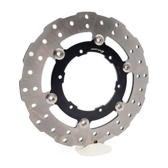 Warp 9 265mm floating rear brake rotor with a drilled stainless disc and black carrier