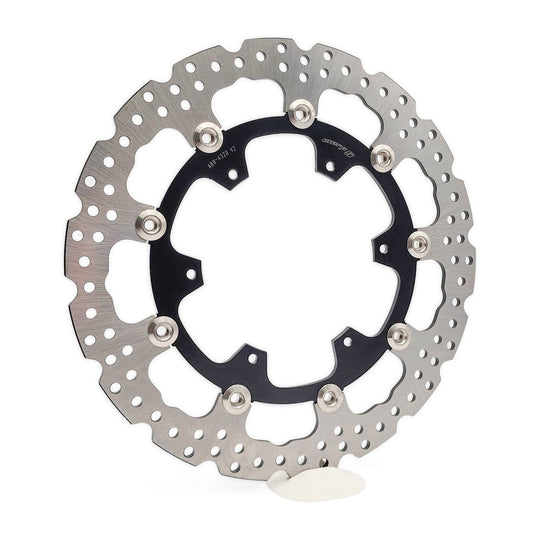 Warp 9 320mm floating front brake rotor with a drilled stainless disc, black six-bolt carrier and silver floating buttons