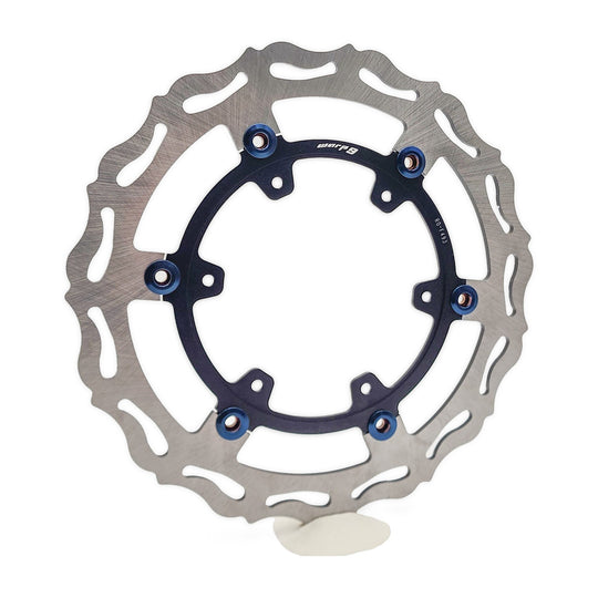 Warp 9 300mm floating front rotor with a wave-cut disc, black carrier and blue fasteners