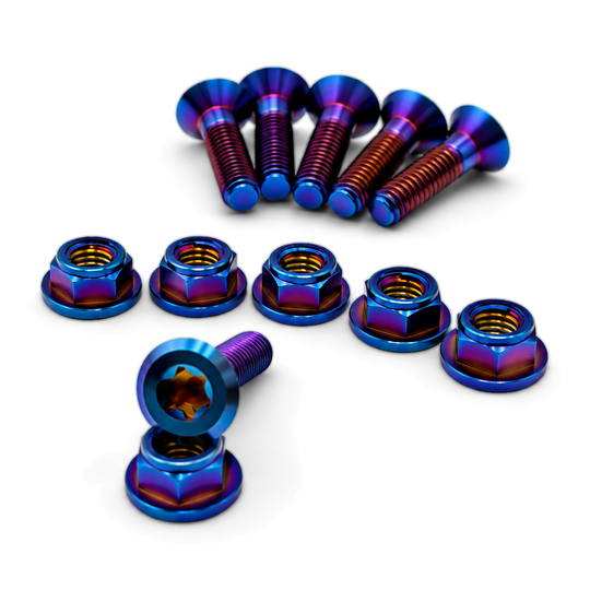 Burnt titanium sprocket bolts with T-45 Torx heads and matching flange nuts