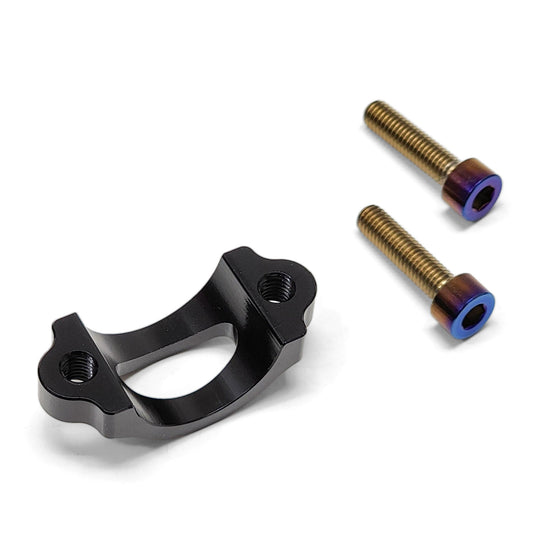Warp 9 button update kit: a black back-half bracket and two burnt titanium screws