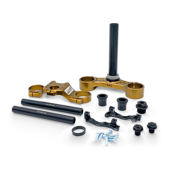 Warp 9 FastAce triple clamps in gold anodized aluminum with steering stem, top nut, caliper brackets, spacers and hardware