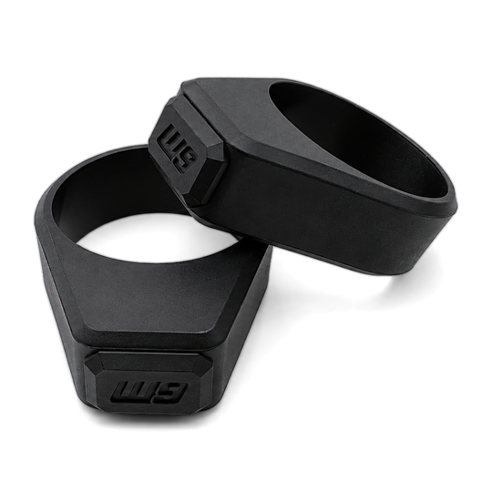 Warp 9 extended fork steering bumpers, a pair of black polyurethane stops with W9 logos