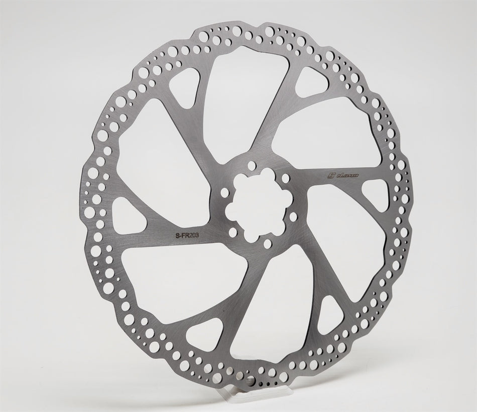 Warp 9 one-piece fixed e-moto brake rotor in stainless steel with a drilled wave edge