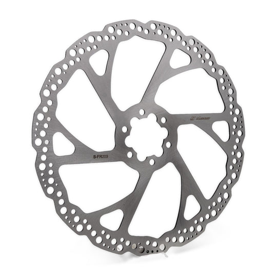 Warp 9 one-piece fixed e-moto brake rotor in stainless steel with a drilled wave edge