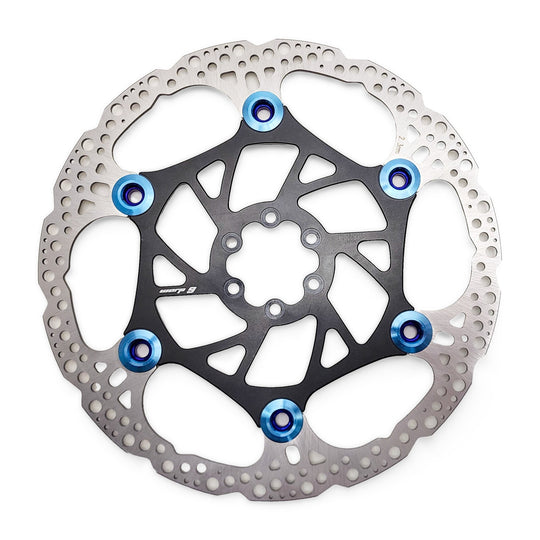 Warp 9 floating e-moto brake rotor with a black aluminum center and blue rivets