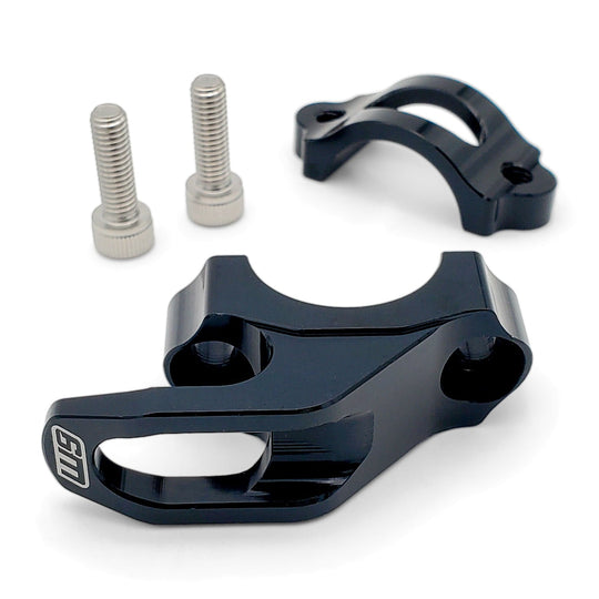 Warp 9 helmet hook in black anodized aluminum with its handlebar clamp and two stainless screws