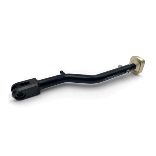 Warp 9 adjustable kickstand for Surron Light Bee, E-Ride Pro, 79 Bike Falcon and Ventus with a black tubular steel body, steel pivot head and aluminum foot