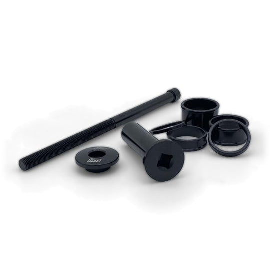 Warp 9 Standard Stem Lock kit in black: threaded rod, top cap, lock body and four steering tube spacers