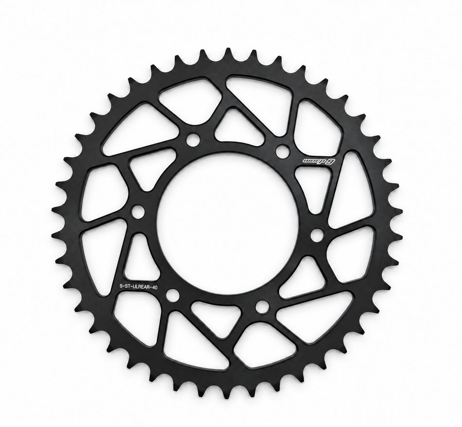 Warp 9 Anvil steel rear sprocket for the Surron Ultra Bee, 40 tooth, black ED coat with angular lightening cutouts