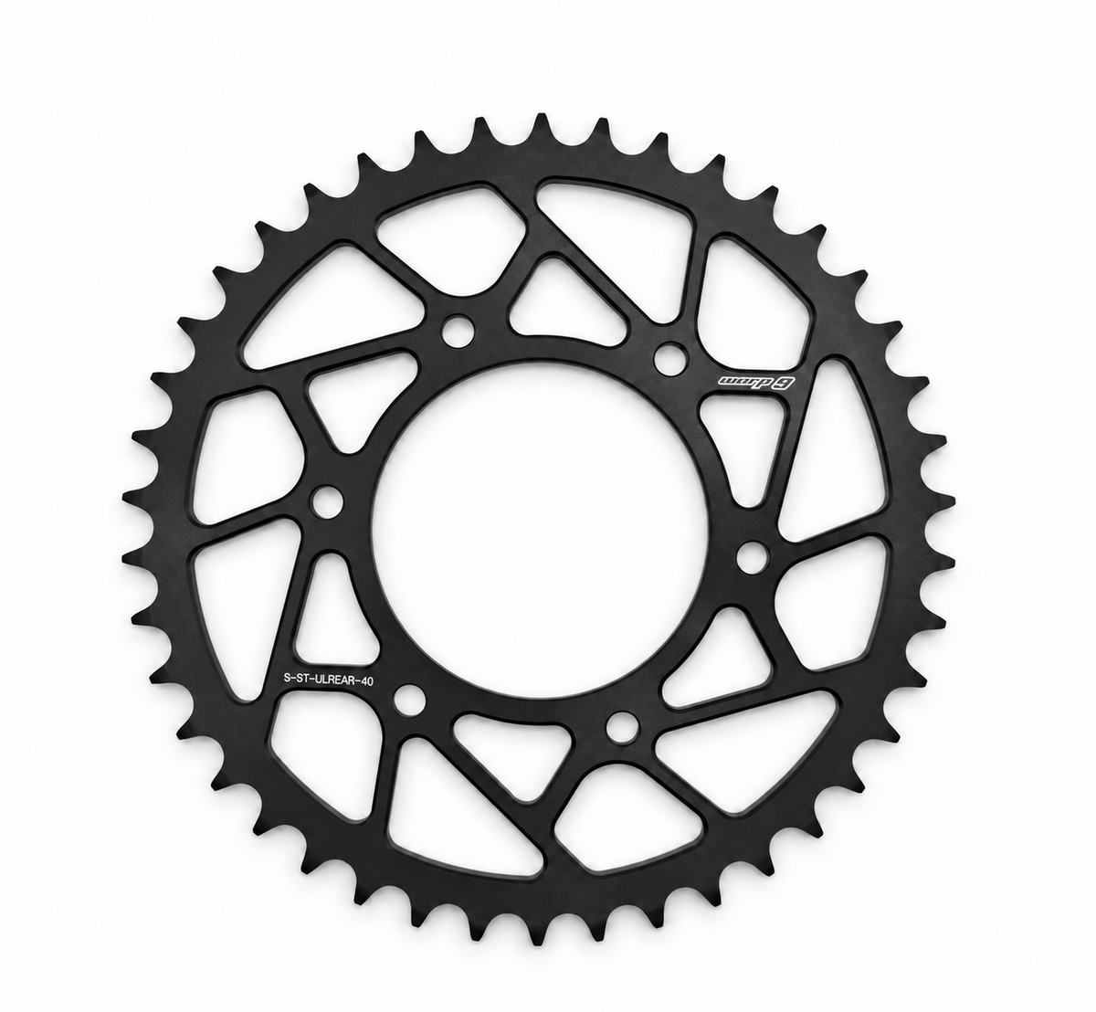 Warp 9 Anvil steel rear sprocket for the Surron Ultra Bee, 40 tooth, black ED coat with angular lightening cutouts